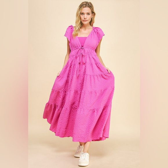 🟠 92B. Deep V-Neck Textured Tiered Maxi Dress - Orchid - Picture 8 of 12